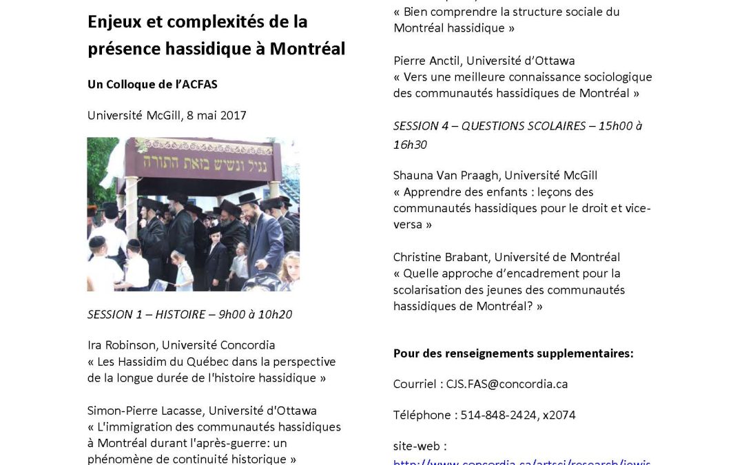Colloque « Enjeux et complexités de la présence hassidique à Montréal » – 8 mai 2017, ACFAS
