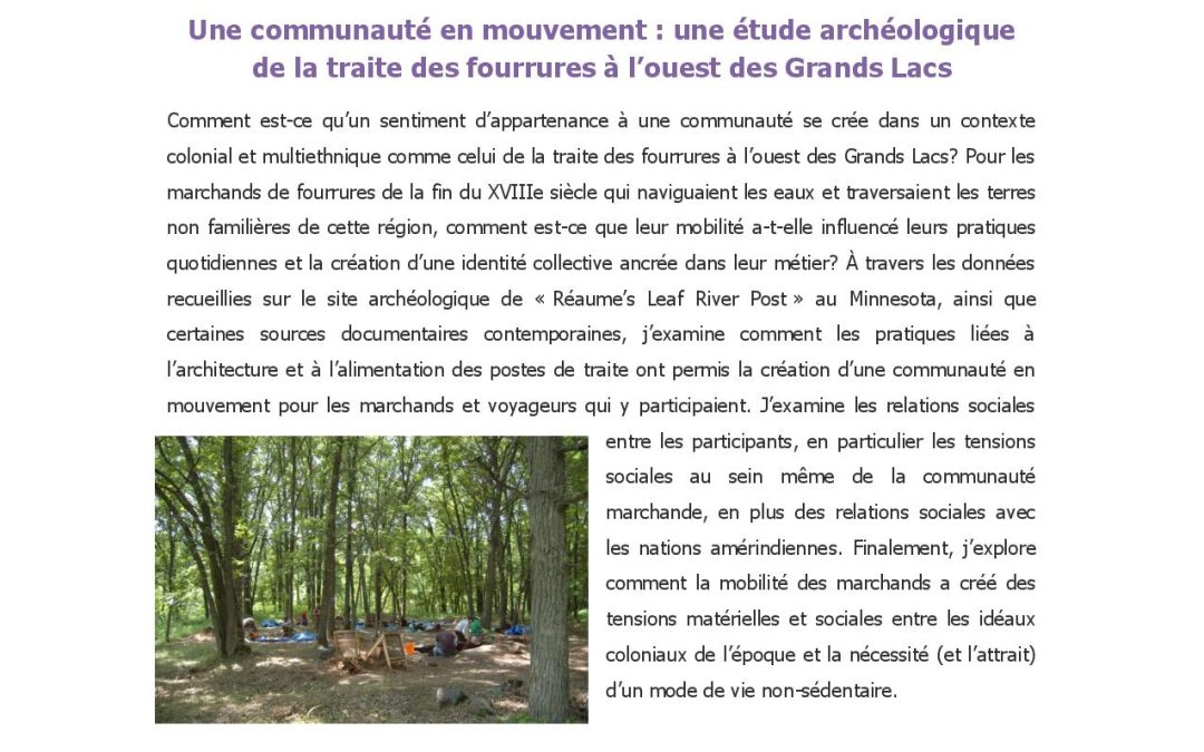 Archéo-vendredi « Une communauté en mouvement : une étude archéologique de la traite des fourrures à l&rsquo;ouest des Grands Lacs »