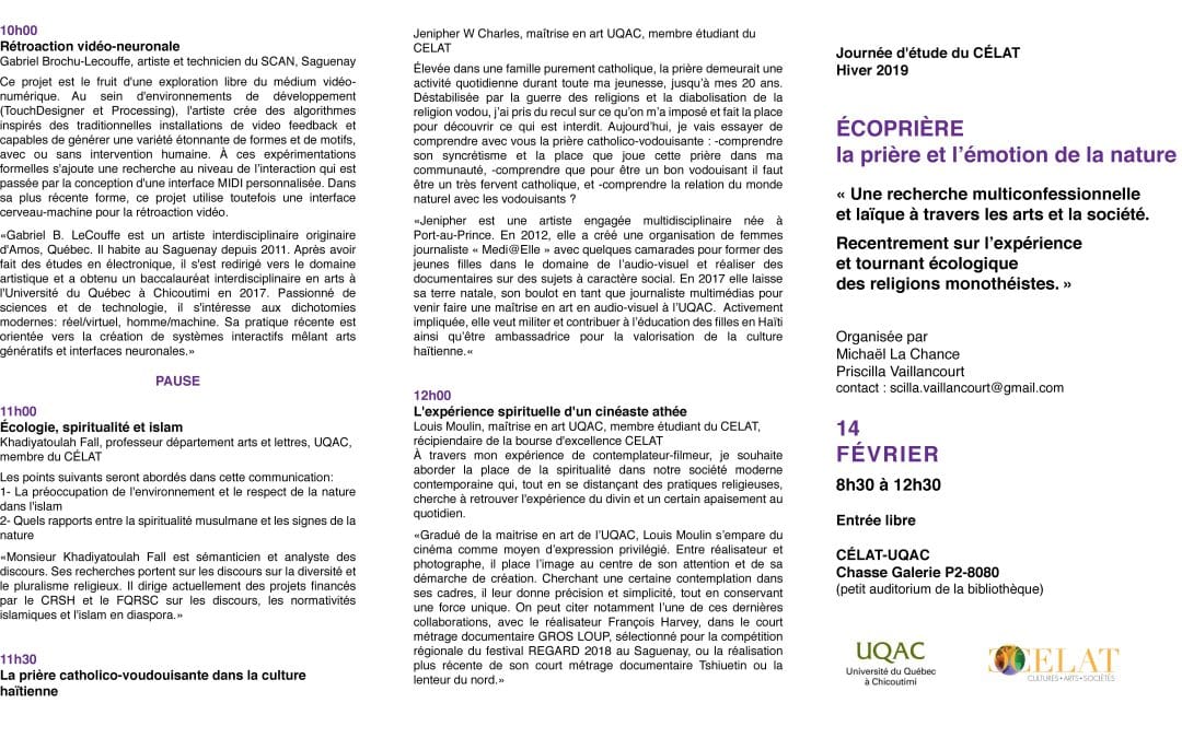 Journée d&rsquo;étude du CÉLAT-UQAC – ÉCOPRIÈRE la prière et l’émotion de la nature